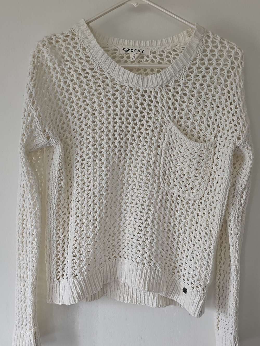 Roxy Cream/Ivory Open-Knit Crochet Pocket Sweater